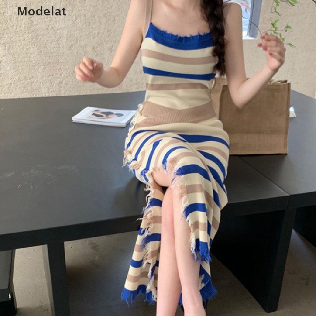 Mfc Đầm Dài Dệt Kim Không Tay Dáng Ôm Họa Tiết Kẻ Sọc Phong Cách Hàn Quốc Dành Cho Nữ