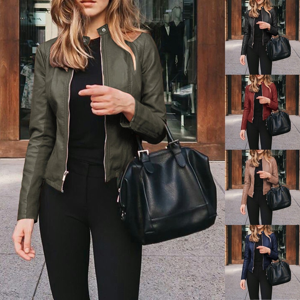 Womens Ladies Formal Workwear Biker Jacket Slim Faux PU-Leather Zip Coat
