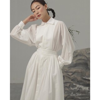 Váy xuông tay dài cổ sơ mi The Country Richard Tuxedo Dress vải Kate trắng