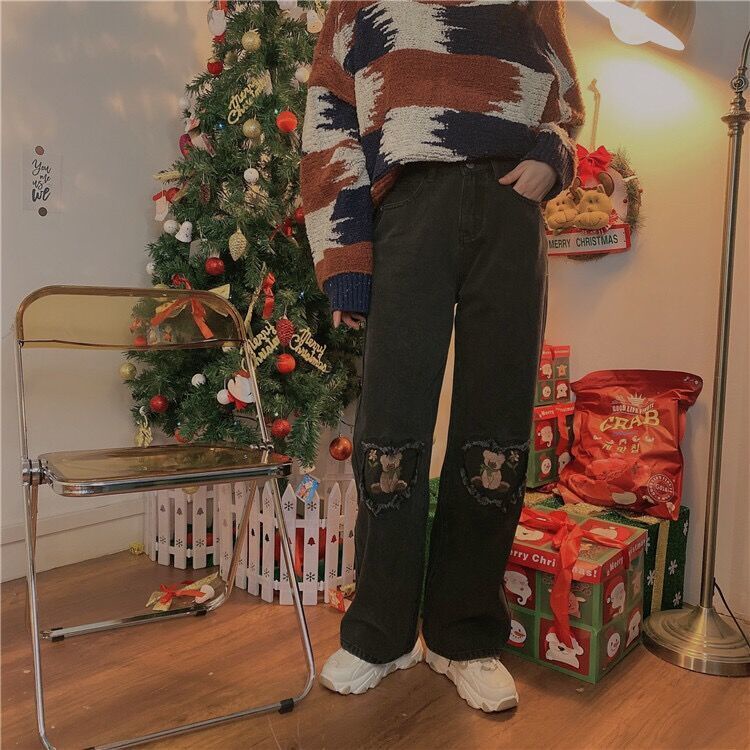 Quần Jean Rách Gấu Lưng Cao Ống Rộng Thời Trang Xuân Thu Phong Cách Hàn Quốc Cho Nữ