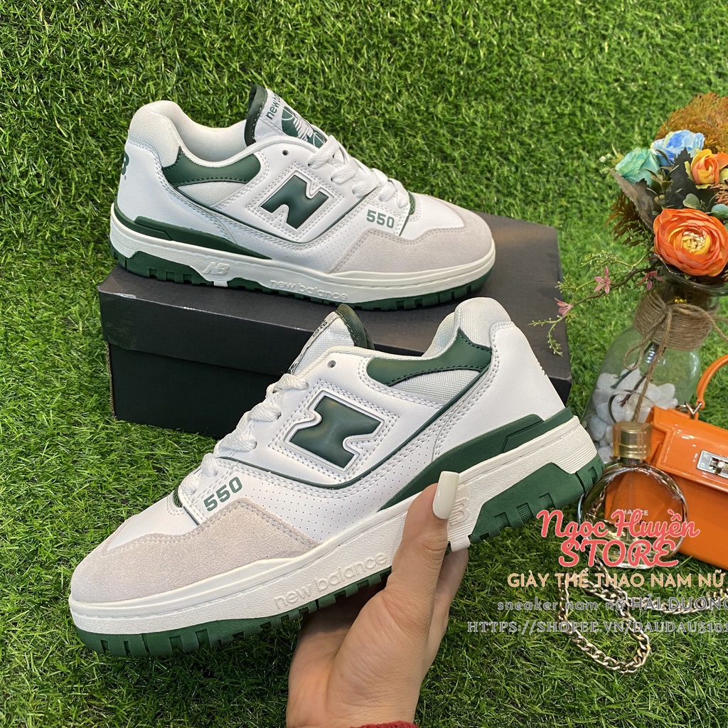 New Balance N550 White Green Leaves Leather Sneakers - Sizes 36 to 43