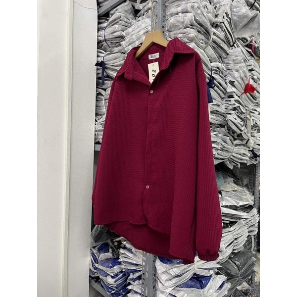 Áo sơ mi đỏ chất xốp hàn form rộng nữ  Thun kiểu dài tay bồng bánh bèo tiểu thư hotgirl vạt bầu ulzzang