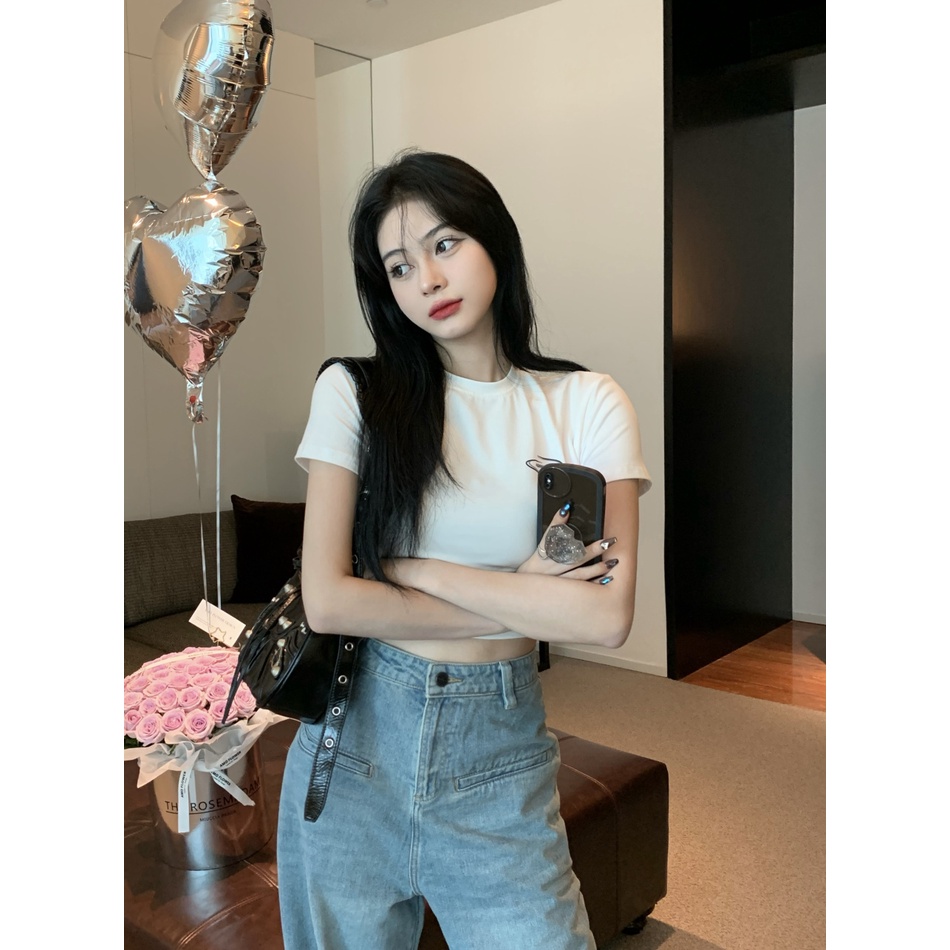 HUANG YOYO croptop Áo Thun Lửng Ngắn Tay Hở Vai Thời Trang Hàn Quốc Cho Nữ