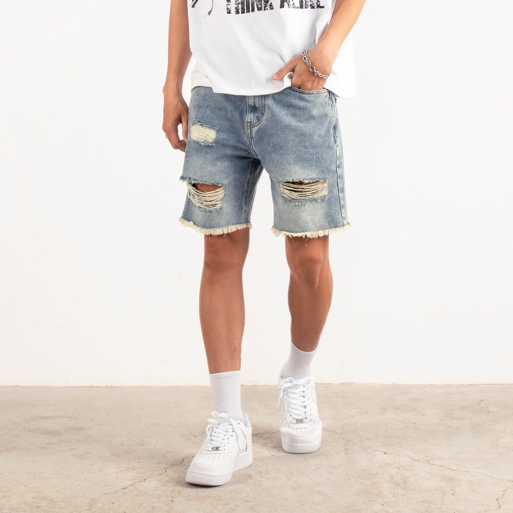 Quần short jean nam rách form ngắn ống rộng , 3 màu xanh nhạt, xanh đậm và đen.