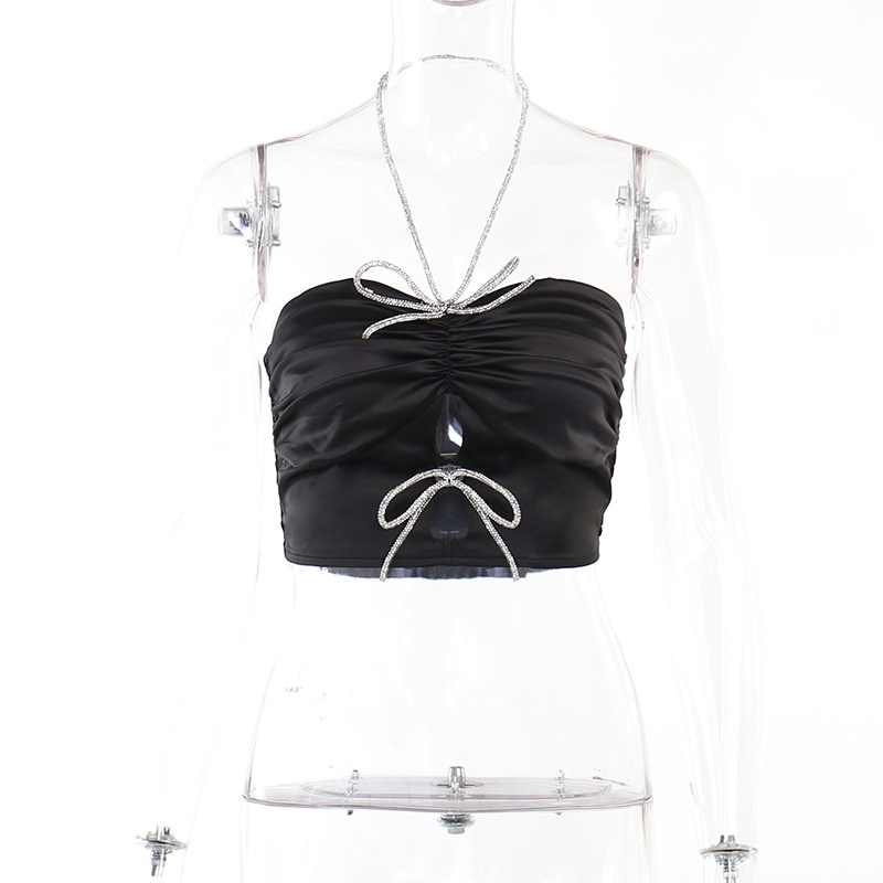 DUNEA Áo Hai Dây Hở Lưng Đính Nơ Lấp Lánh Phong Cách Quyến Rũ