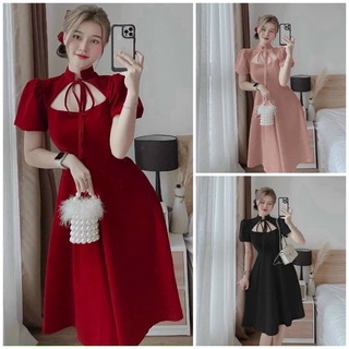 Đầm xòe nơ cổ hàng thiết kế sang trọng TẶNG KÈM HOA TAI THỜI TRANG