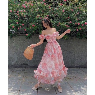 (sẵn) Váy boho hoa trễ vai đi biển váy maxi đi biển