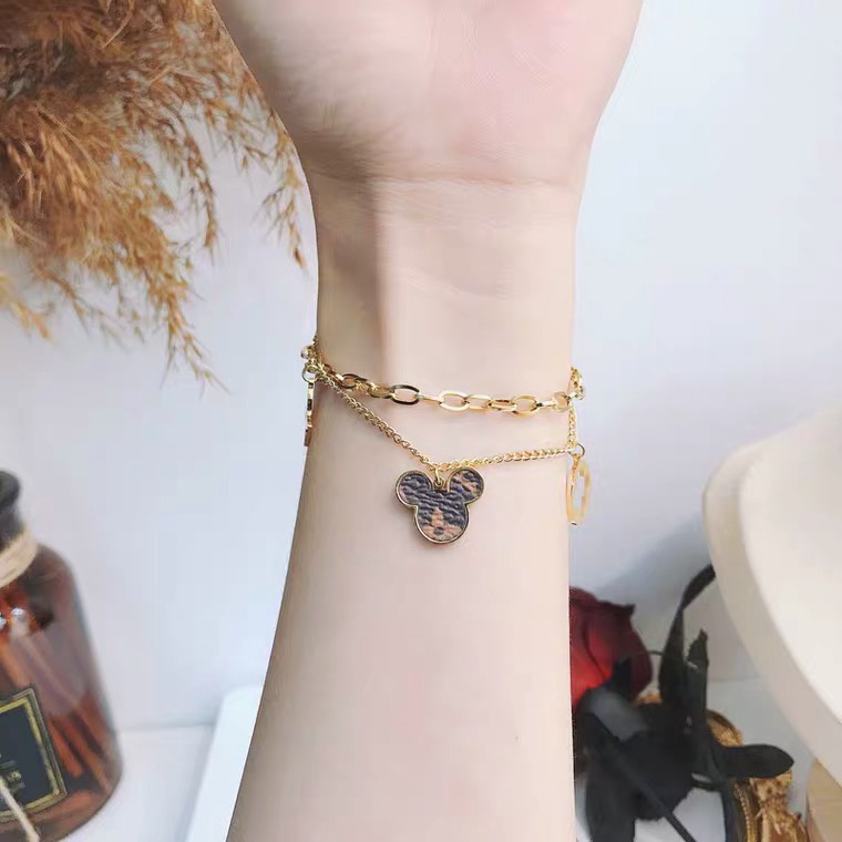 Vòng tay thép titan mạ vàng hồng 18K hình cỏ bốn lá và chú chuột dễ thương | Không phai màu