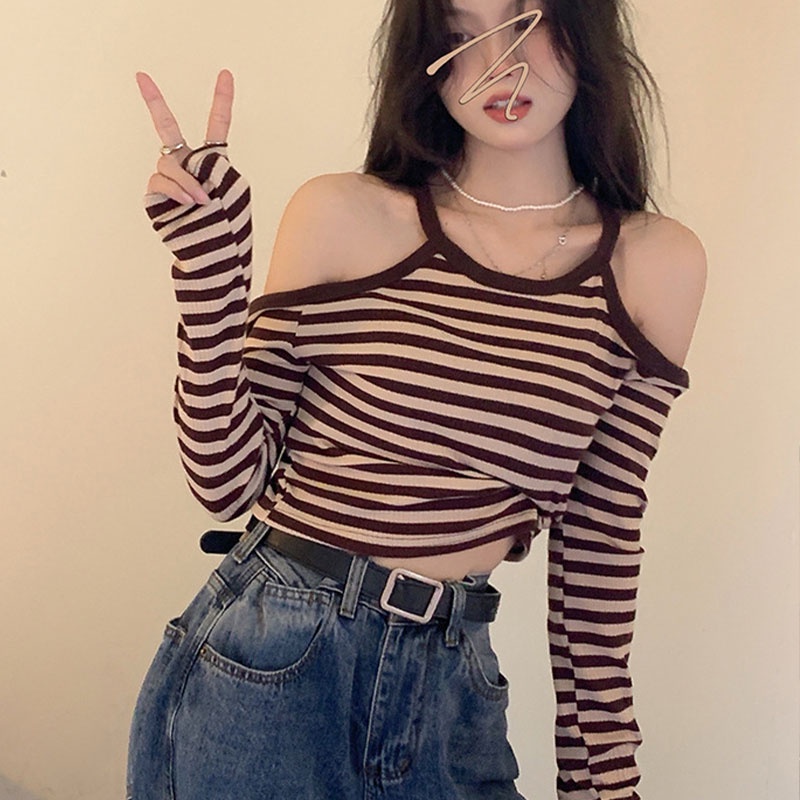 Áo Thun Tay Dài Cổ Tròn Hở Vai Họa Tiết Kẻ Sọc Màu Sắc Tương Phản Phong Cách Hàn Quốc Dành Cho Bạn Nữ áo croptop