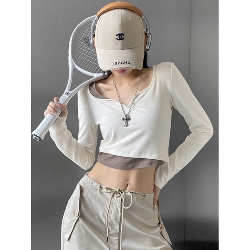 Áo Thun Tay Dài Giả Hai Lớp Màu Sắc Tương Phản Phong Cách Hàn Quốc