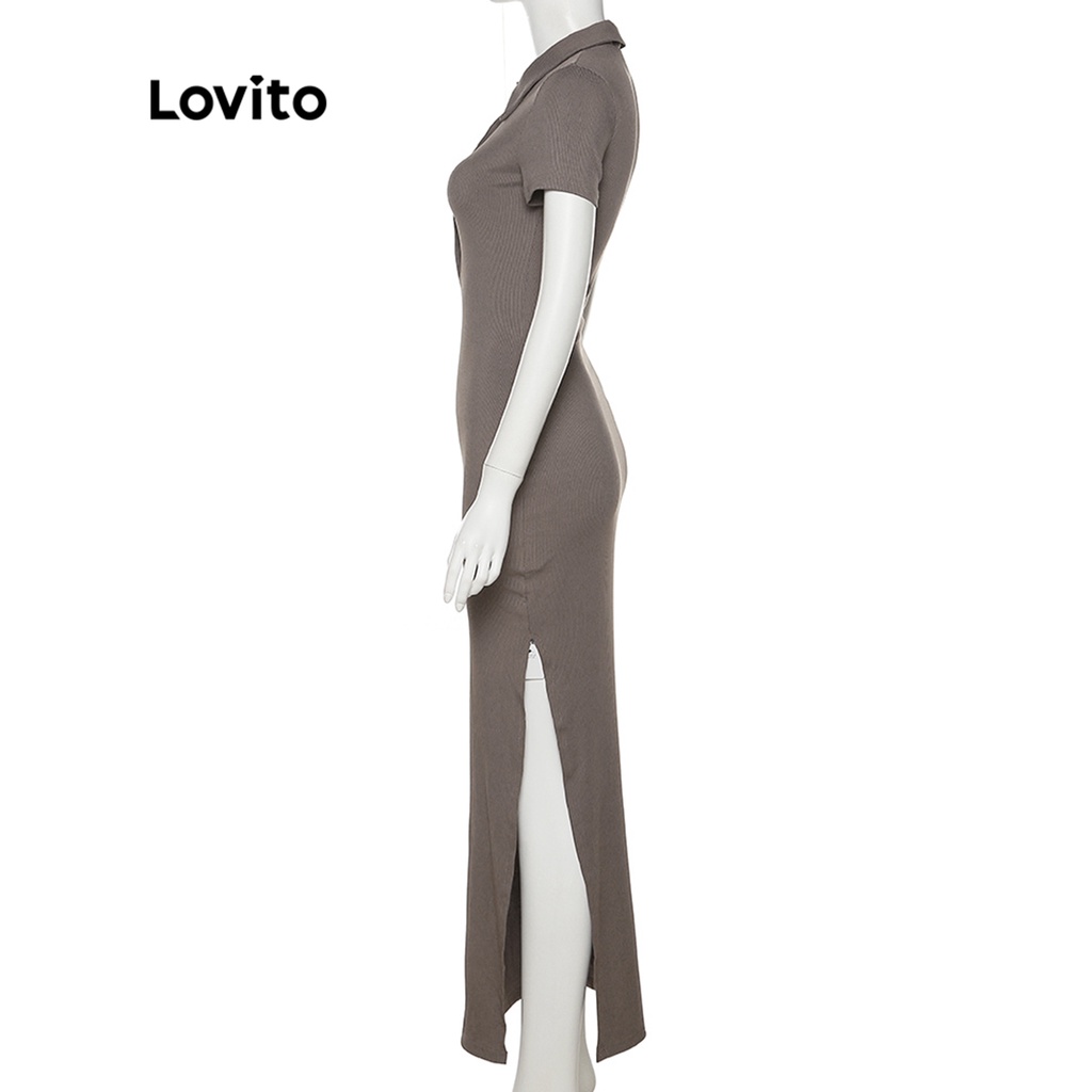 Đầm LOVITO tay ngắn cổ polo ôm dáng cắt xẻ màu trơn thường ngày