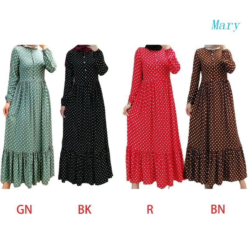 Đầm Dài Maxi Tay Phồng In Họa Tiết Chấm Bi Cài Nút Lưng Cao Kaftan Abaya Hi Cho Nữ