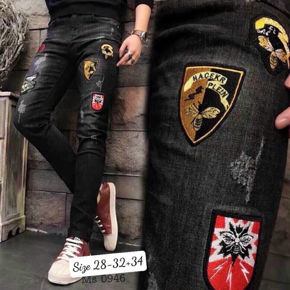Quần Jean Nam Màu đen kiểu rách khoá kéo lệch vẩy sơn chất vải denim, Quần bò nam ống côn nam đẹp SOLOShop ms0946