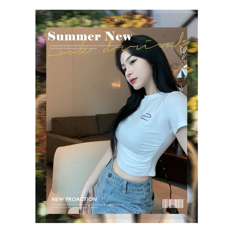 HUANG YOYO croptop Áo Thun Lửng Ngắn Tay Hở Vai Thời Trang Hàn Quốc Cho Nữ