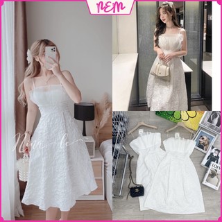 Váy gấm - Đầm gấm cúc ngực 2 dây ngọc chất đũi xốp có mút ngực, von bèo ngực sang chảnh họa tiết nổi NEM Store102