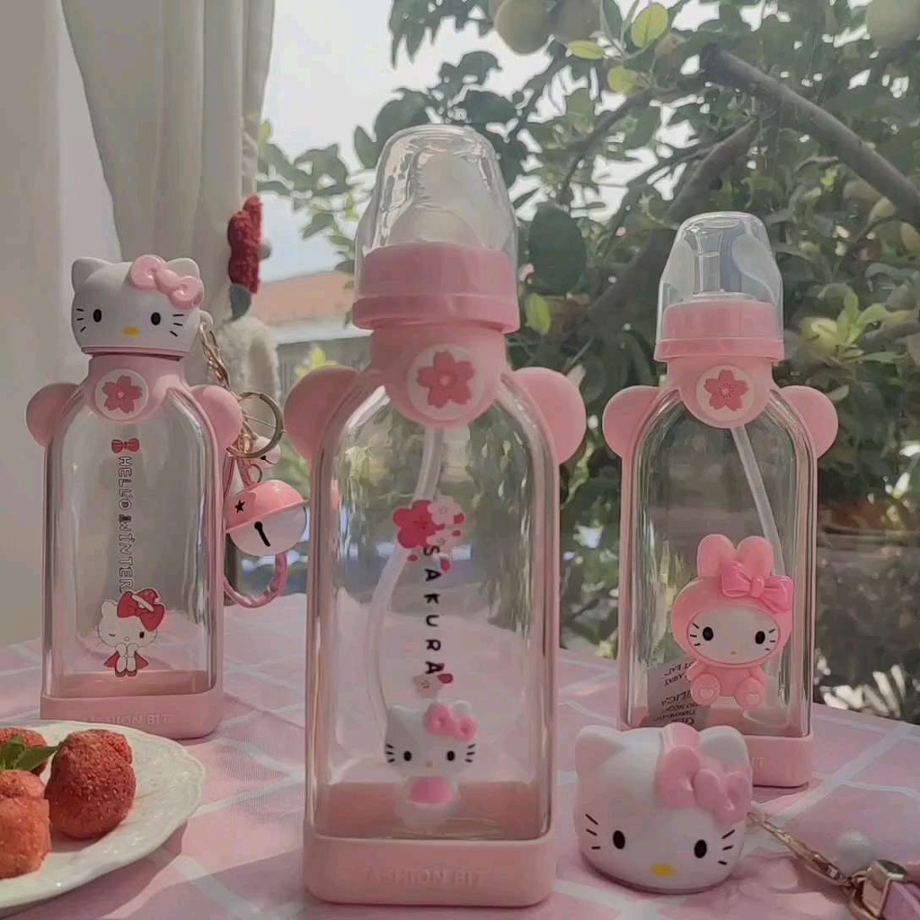 Bình Uống Sữa Bằng Thủy Tinh Có Ống Hút Hình Hello kitty Đáng Yêu Dung Tích 350ML