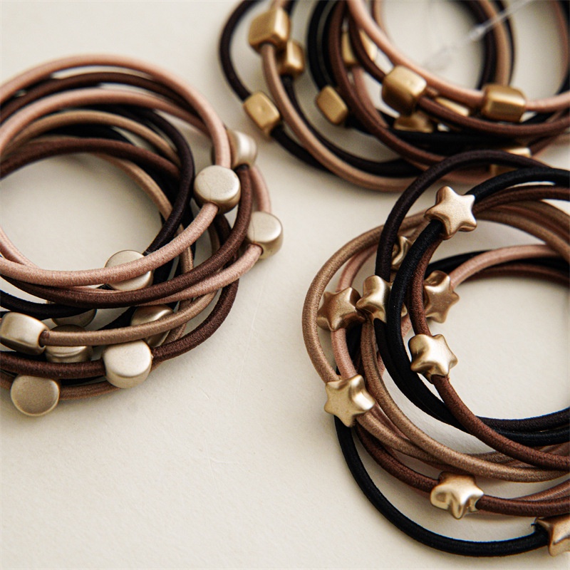 Set 10 Dây Cột Tóc Màu Cà Phê Sữa Hình Tròn / Vuông Đơn Giản Thời Trang Cho Nữ