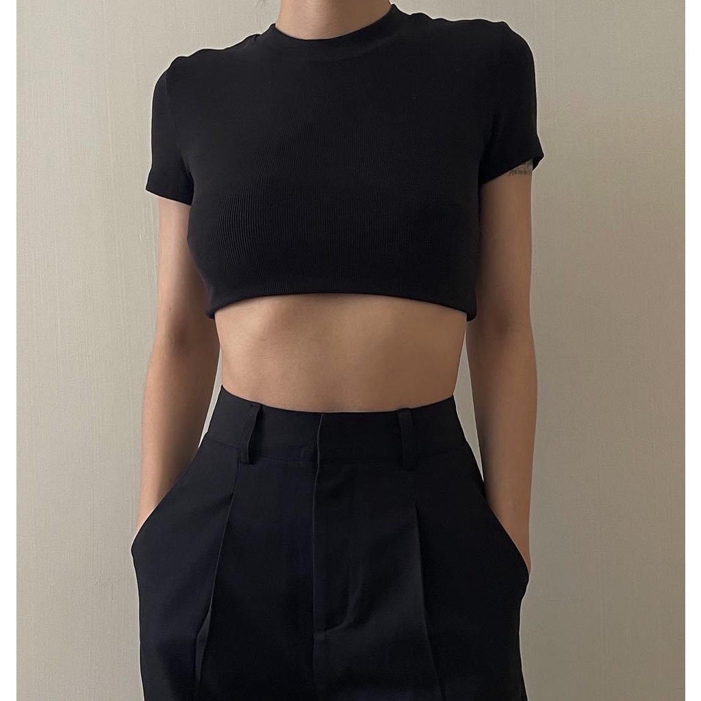 Áo croptop nữ body trơn ngắn tay JUNE.SG chất thun gân form basic D012