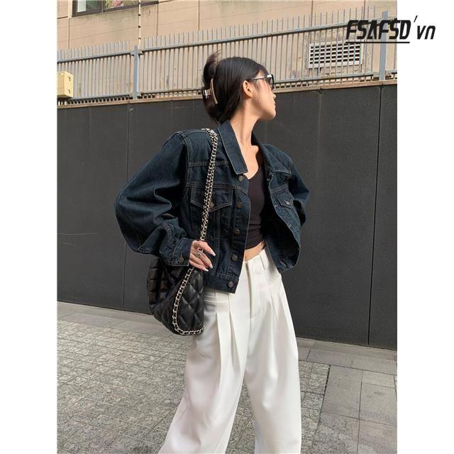 Áo Khoác Denim Tay Dài Dáng Rộng Ngắn Màu Xanh Dương Đậm Thời Trang Mùa Thu 2022 Mới Cho Nữ