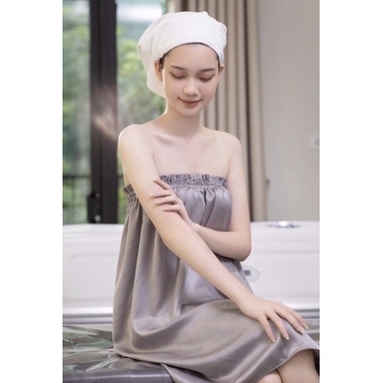 Váy quây spa lụa cao cấp không nhăn, Đầm váy quây spa mềm và rất bóng có nơ ngực