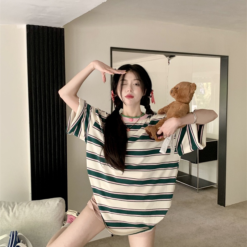 Áo thun SUXI ngắn tay dáng rộng kẻ sọc thêu họa tiết xinh xắn dễ phối đồ cho nữ