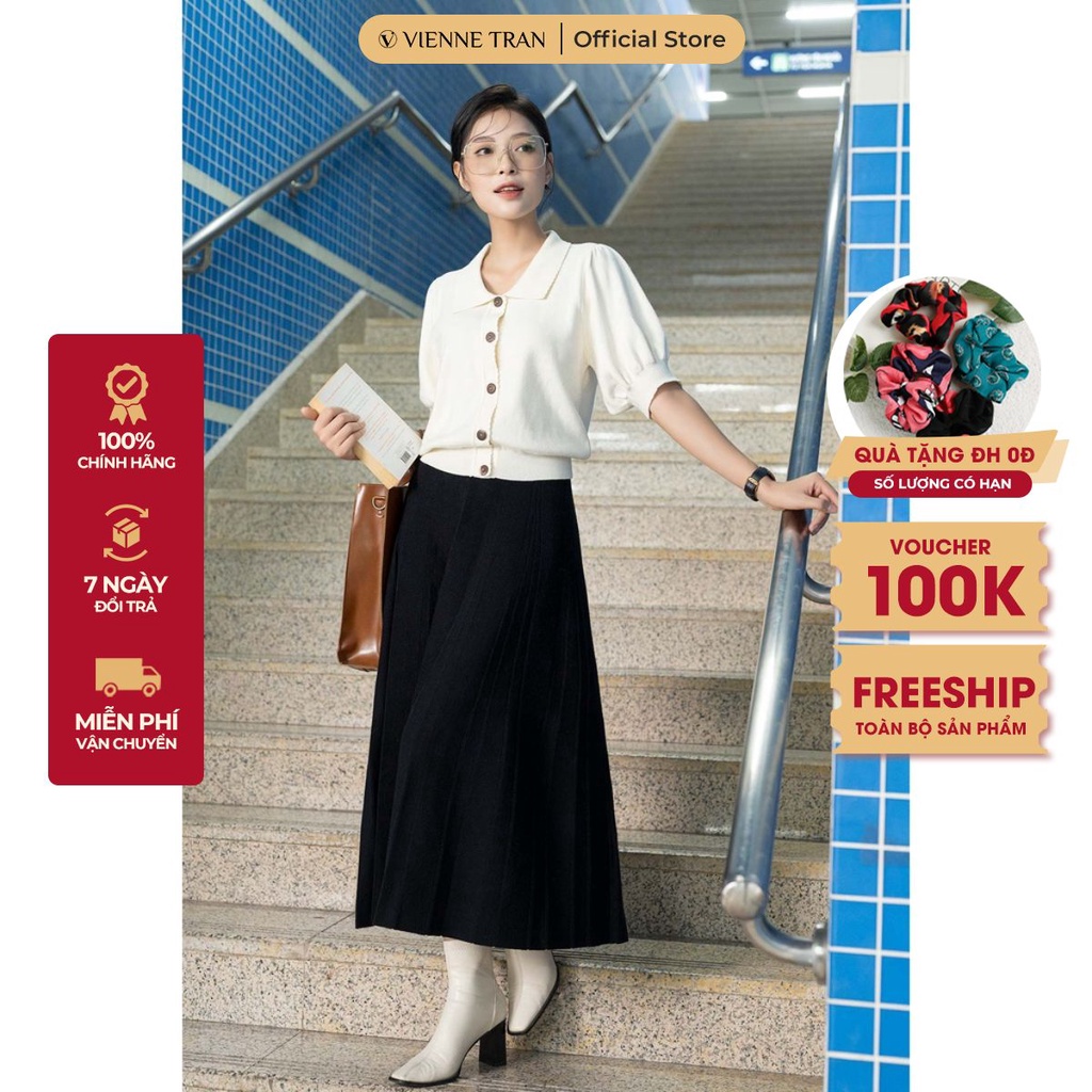 Áo len nữ croptop cài cúc,tay bồng - Áo crotop len thỏ cổ bẻ tiểu thư sang trọng VIENNE TRAN V61W22Q008