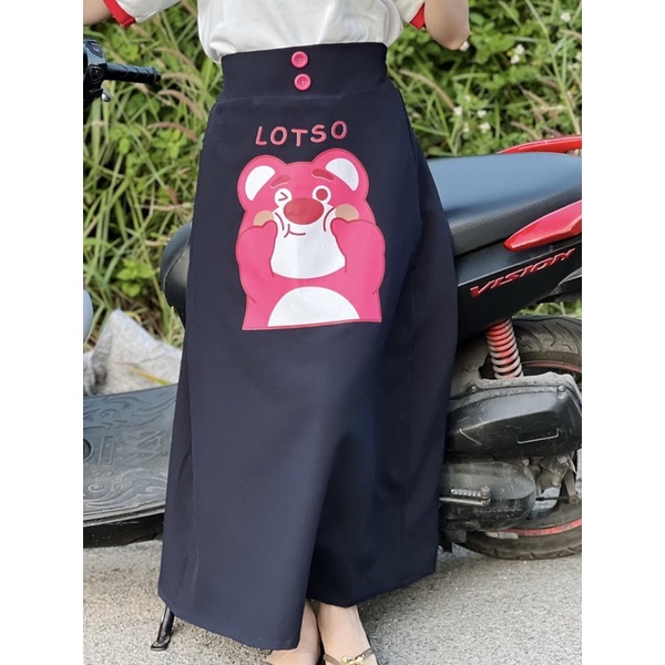 CHÂN VÁY CHỐNG NẮNG HÌNH GẤU DÂU CÀI NÚT- XANH ĐEN