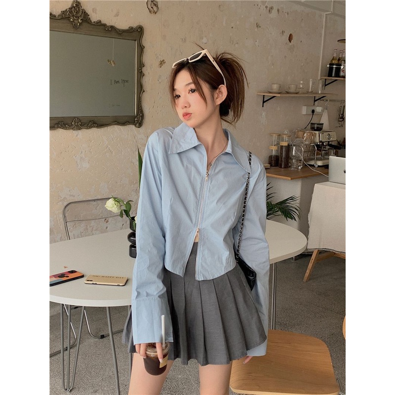 COZOK Áo Sơ Mi Dài Tay Màu Trơn Phối Khóa Kéo Thời Trang