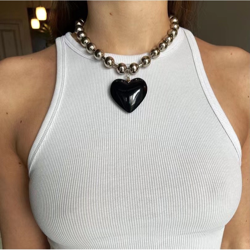 Vòng cổ Chuỗi Hạt Mặt Kính Trái Tim Phong Cách Hip Hop