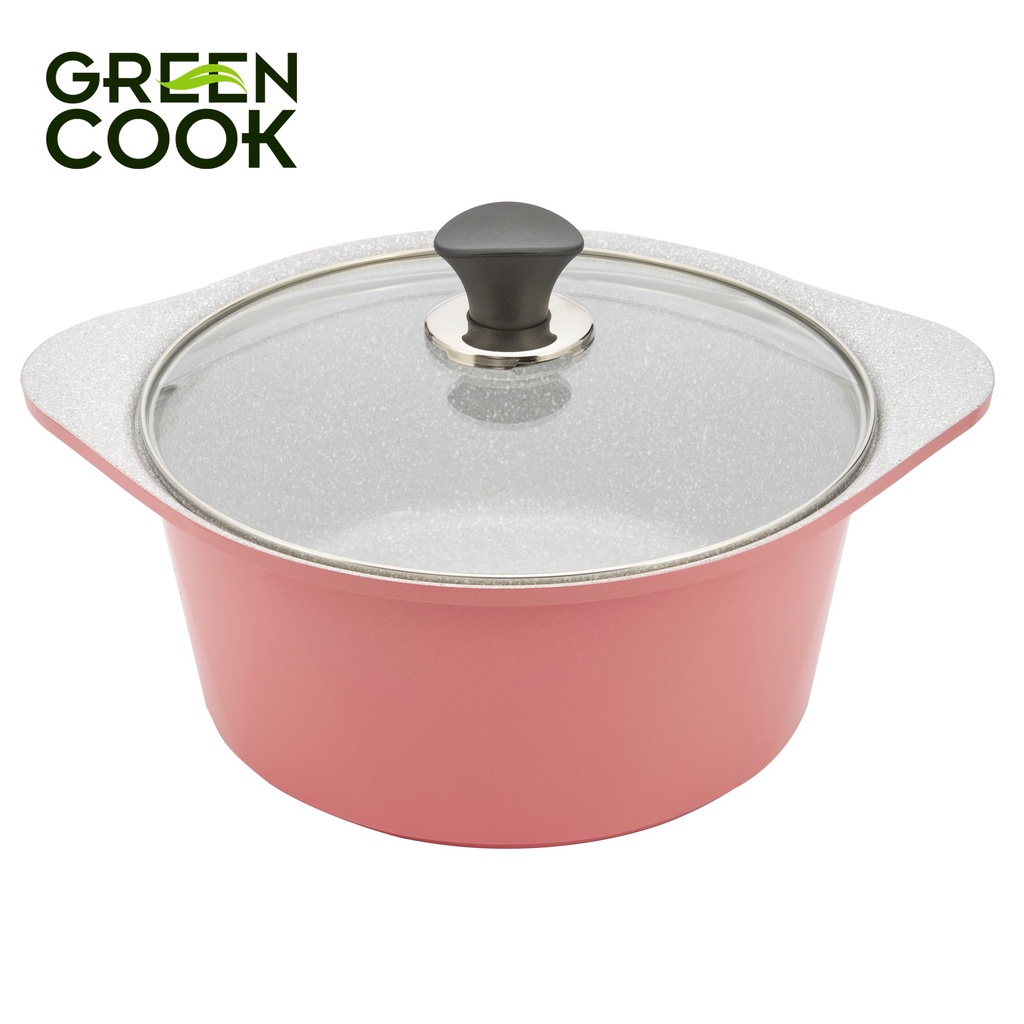 [ MUA BỘ NỒI TẶNG CHẢO 05-20CM ] Bộ 3 nồi đúc ceramic hồng 18-20-24CM Green Cook GCS02 dùng được các loại bếp .