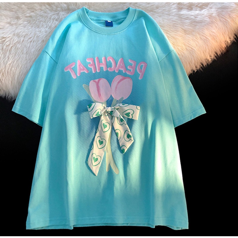 Áo Thun Nữ Tay Ngắn In Hoa Và Chữ Cái Dễ Thương