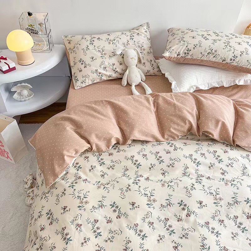 Chăn Ga Gối Cotton Living " Hồng Kẻ Đen " - Bộ Chăn Ga Gối Cotton 100% Nhập Khẩu 4 món