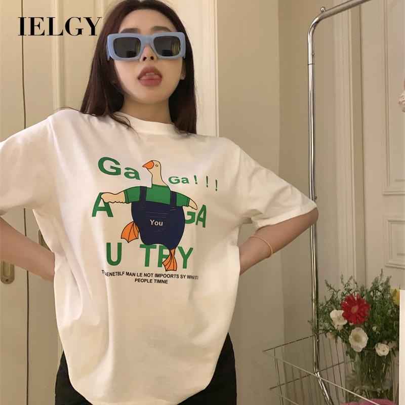 IELGY   Áo Thun Tay Ngắn Dáng Rộng In Họa Tiết Hoạt Hình Thời Trang Cho Nữ