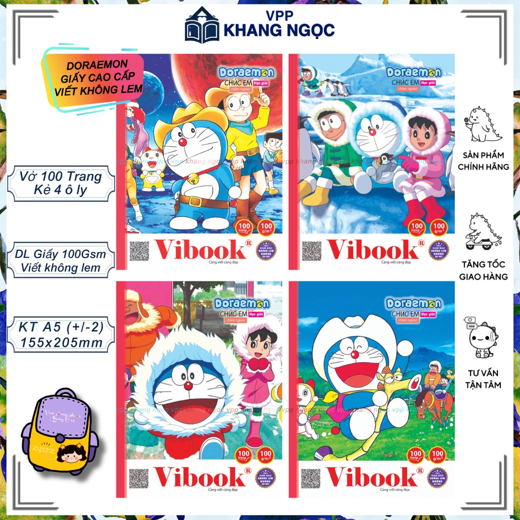 Lốc 5 Quyển Tập Học Sinh 4 Ô Li 100 trang Vĩnh Tiến (Vibook) - Vở Doraemon DL 100gsm