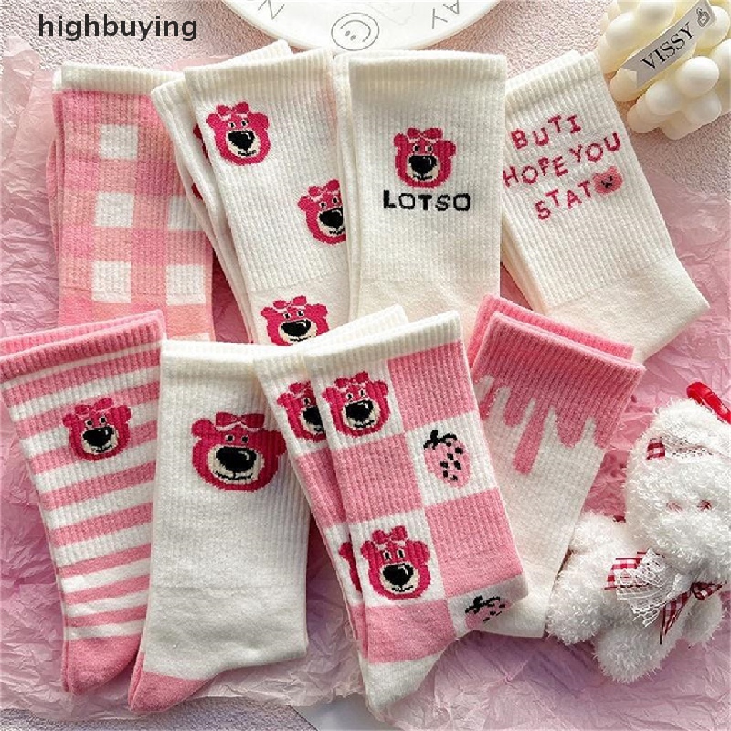 Hbvn Belle Vớ Ống Lửng Họa Tiết Gấu Hồng Dâu Tây Hoạt Hình Phiên Bản Hàn Quốc Dễ Thương Hợp