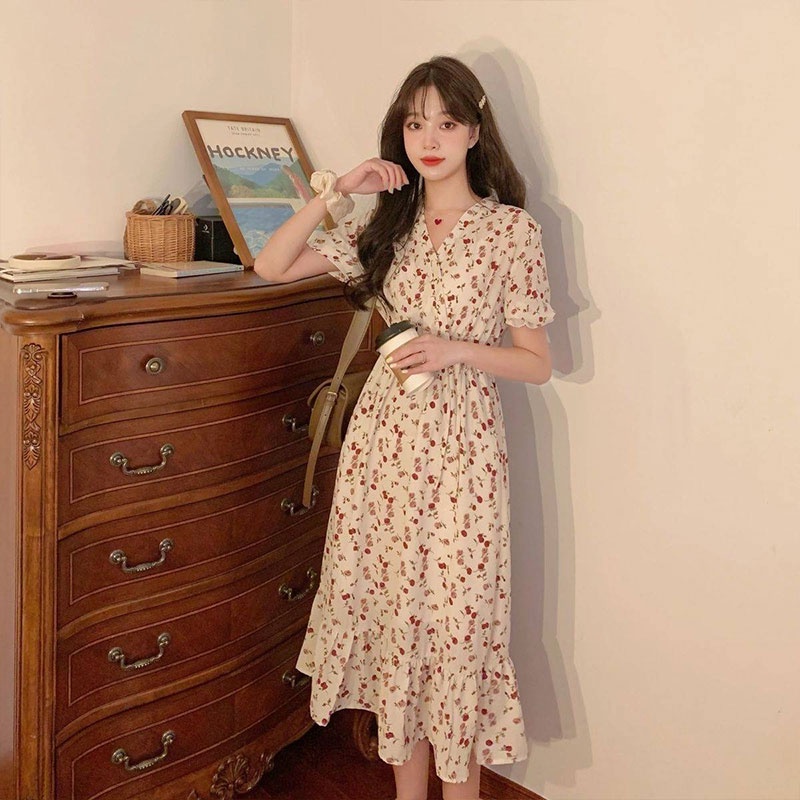 Đầm XINLANYASHE họa tiết hoa ôm eo phong cách Hàn Quốc 2023 dành cho nữ