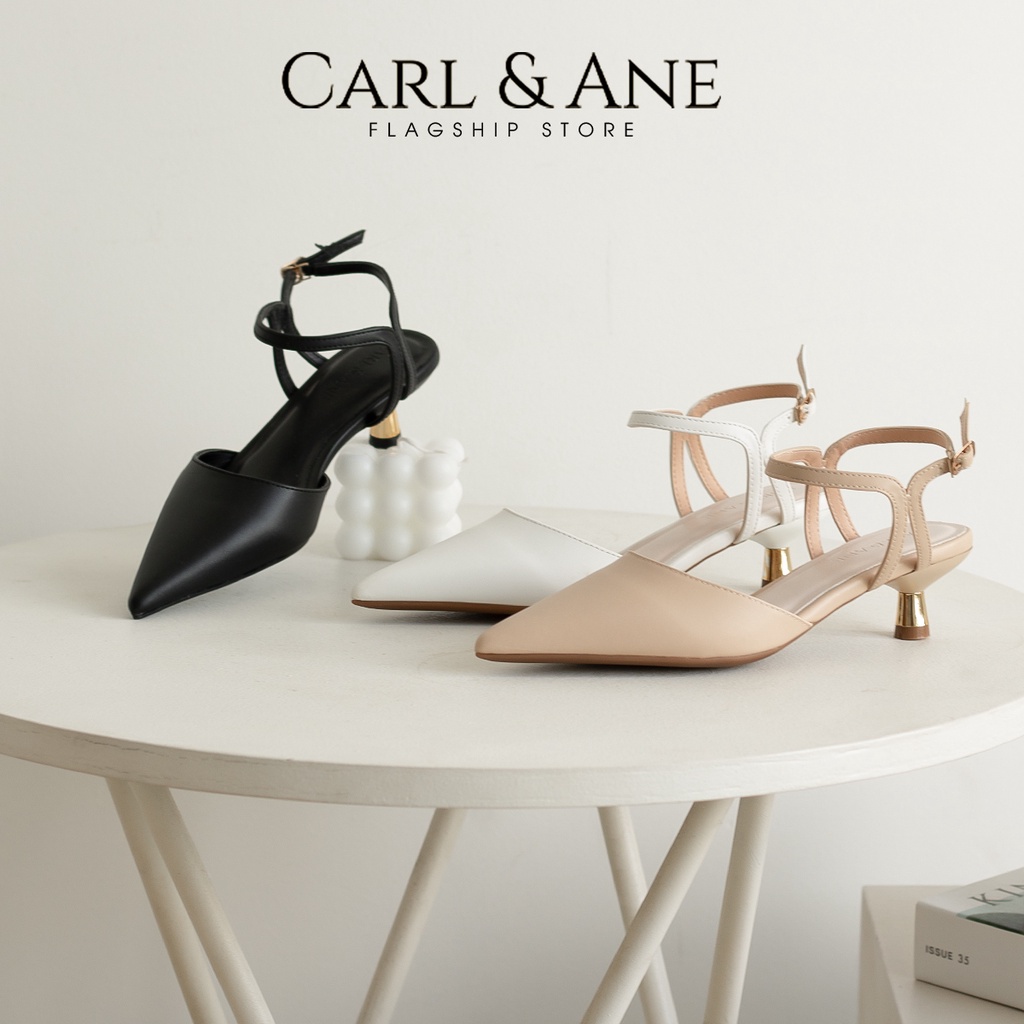 Carl & Ane - Giày cao gót nữ dáng Slingback mũi nhọn phong cách thanh lịch màu kem - CL038
