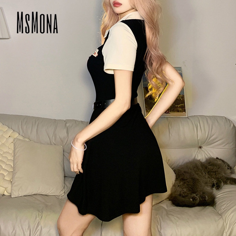 MsMona Đầm Tay Ngắn Cổ Bẻ Màu Trơn Dáng Ôm Thời Trang 2023 Cho Nữ