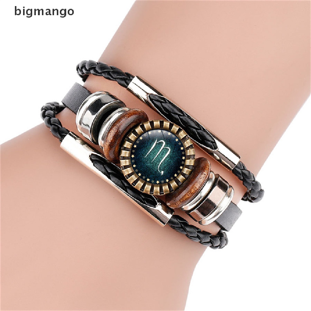 Bigmango Vòng Tay Dây Da Bện Màu Đen Mặt Hình 12 Cung Hoàng Đạo Thời Trang Cho Nam