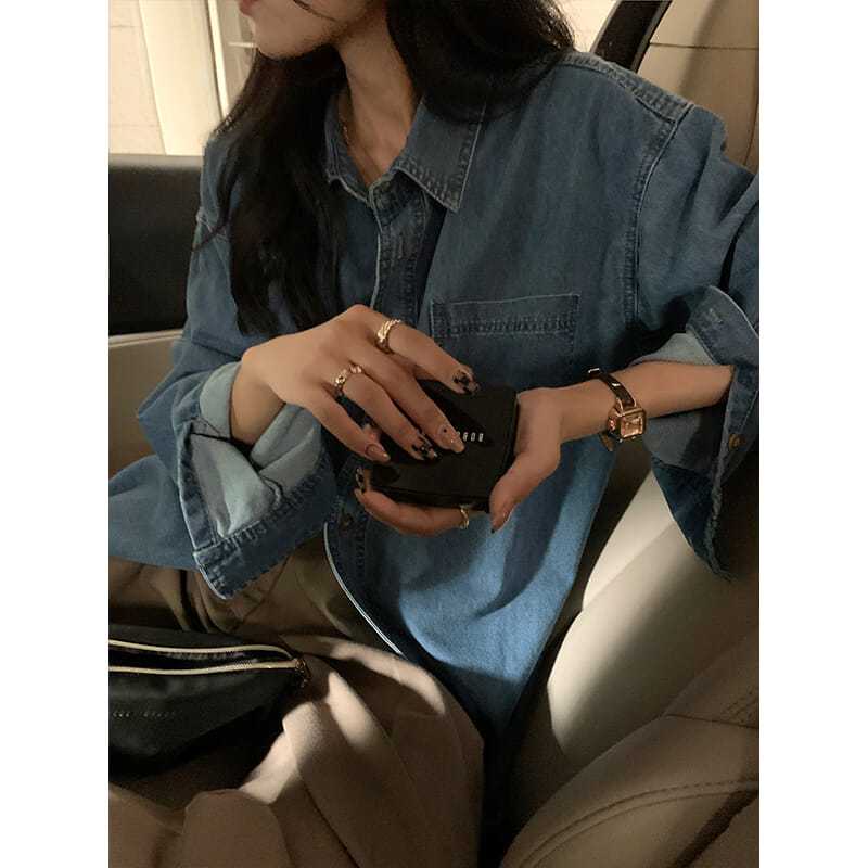 Áo Sơ Mi Denim Dài Tay Dáng Rộng Phong Cách Retro Nhật Bản Hàng Mới Dành Cho Bạn Nữ