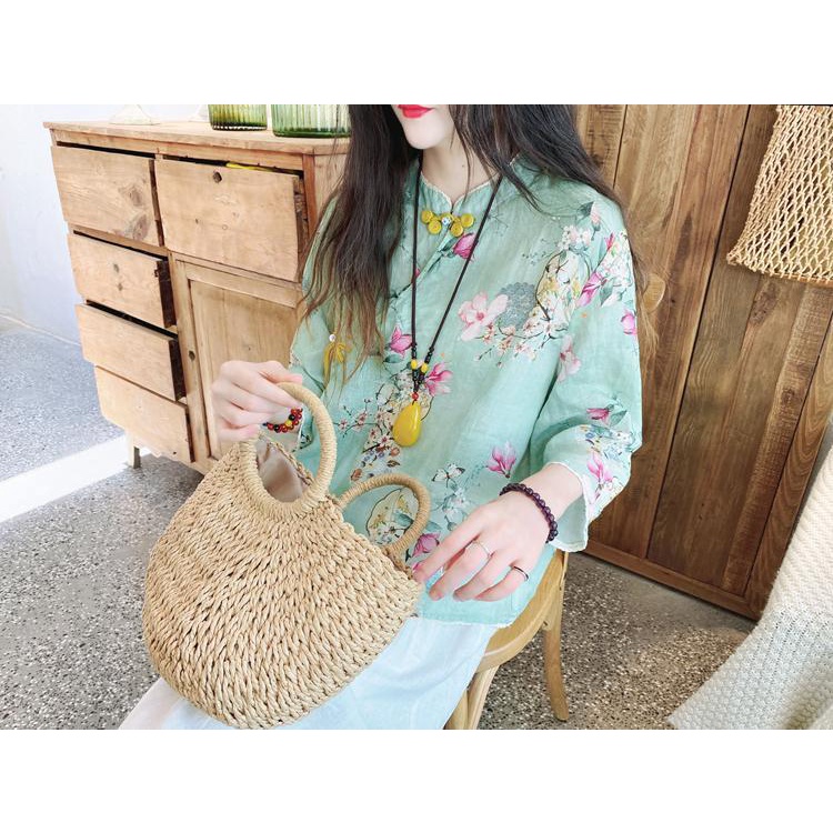 Áo Sơ Mi Vải Lanh cotton Tay Lửng Cột Dây Chéo In Họa Tiết Hoa Thời Trang Mùa Hè Hàng Mới 2023
