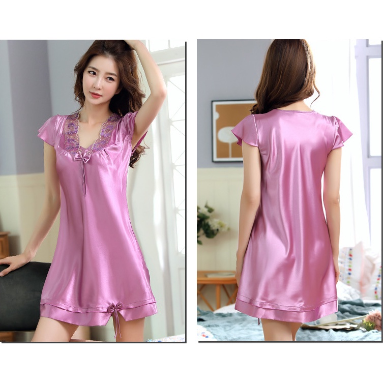 Váy ngủ, đồ ngủ lụa phối ren hoa đính nơ, đầm ngủ tay ngắn sát lách đồ mặc nhà