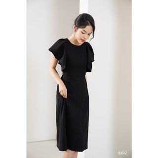 SHEAZ Đầm váy tuyết nhung công sở đen tay bồng eo nhẹ chân A suông midi dài qua gối phong cách Hàn Quốc