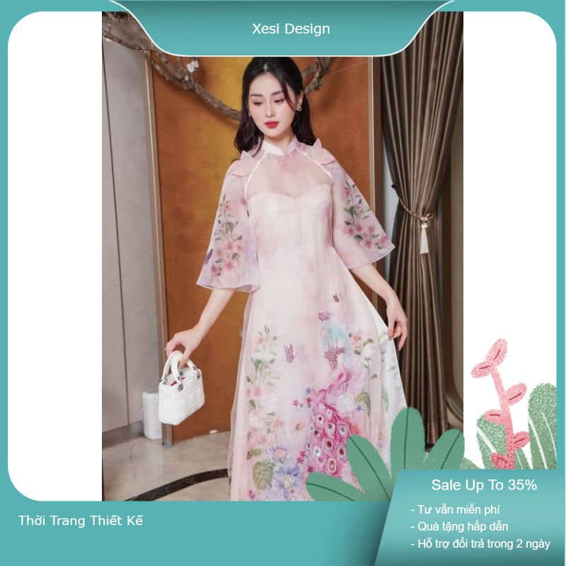 Áo Dài Đính Chim Công Hồng, In Họa Tiết Sắc Nét, Vai Phối Cánh Bướm, Tay Lỡ Trẻ Trung, Sành Điệu, Thanh Lịch, Áo Dự Tiệc