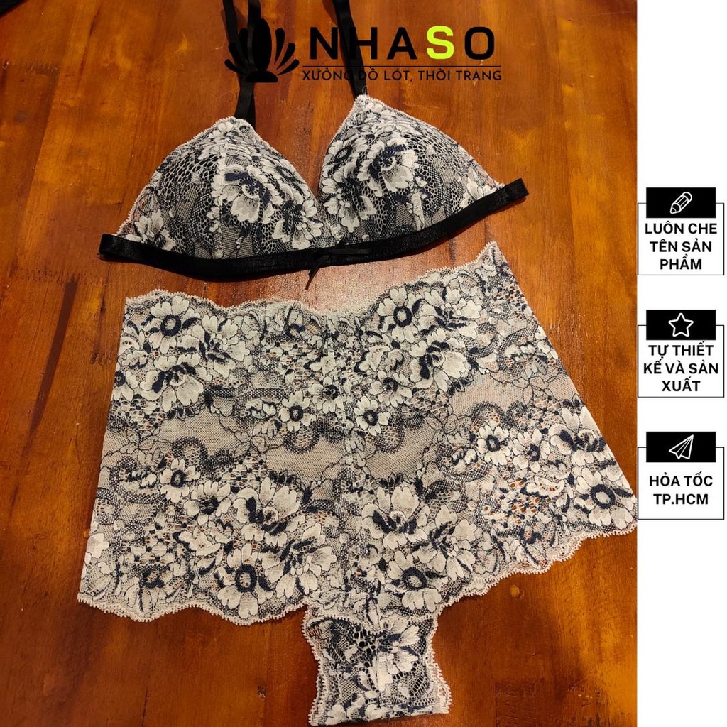 Bộ đồ lót ren 🔥NS005 hoa trắng gân xanh đen không gọng mút vừa gợi cảm quần đùi boxer Nhà Sò