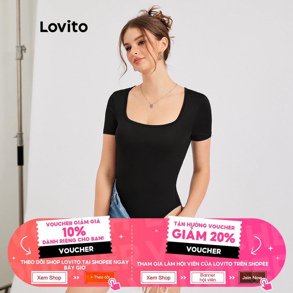 Áo liền quần Lovito Cổ trơn cơ bản giản dị Cổ vuông co giãn cao L30ED003 (Đen) | BigBuy360 - bigbuy360.vn