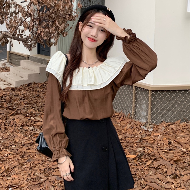 IELGY Áo Kiểu Trễ Vai Phối Bèo Phong Cách Pháp Thời Trang Cho Nữ