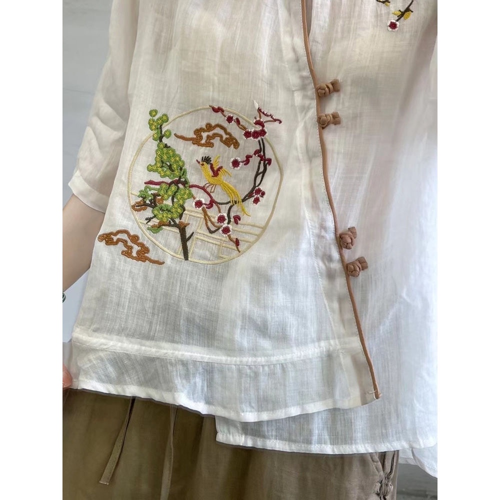 ICE Cotton and Linen Top Embroidered Printed Chinese Button Knots Sun Protection Shirt Japanese and Korean Foreign Trade Original Sample Women's Clothes Cotton and Linen