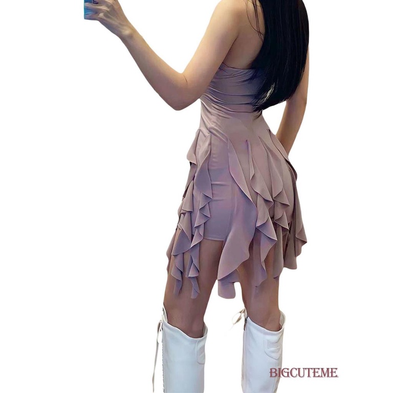 [] - Đầm Ống Nhún Bèo Màu Trơn Không Dây Dáng Ôm Đi Câu Lạc Bộ Đêm Cho Nữ