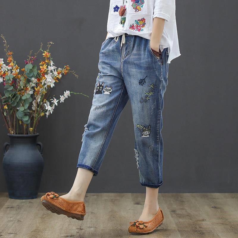 Quần jeans Nữ Lưng Thun Thêu Họa Tiết Phong Cách Retro